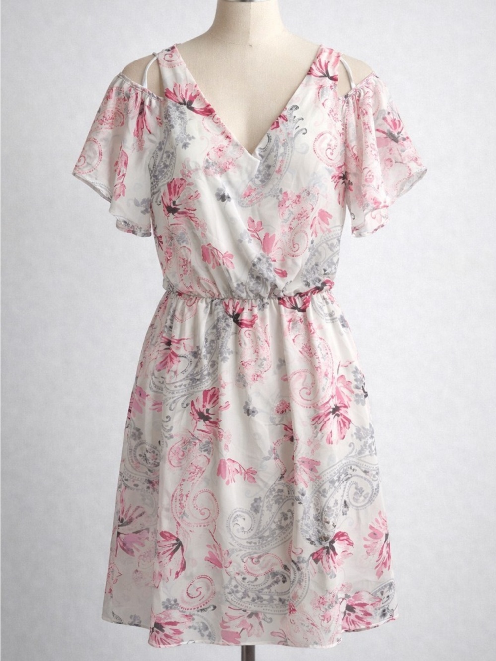 White House Black Market White and Pink Cold-Shoulder Wrap Mini Dress